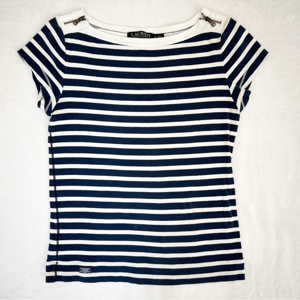 Lauren Ralph Lauren Striped Top Medium Zipper Shoulders Beach Resort Coastal